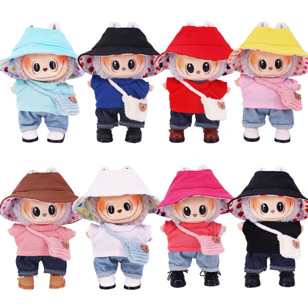 Pop Doll Clothes Solid Color Short T-shirts Hat Bag For 17cm Labubu Doll Outfit Clothes Accessories,Girl's Toys Clothing Gift