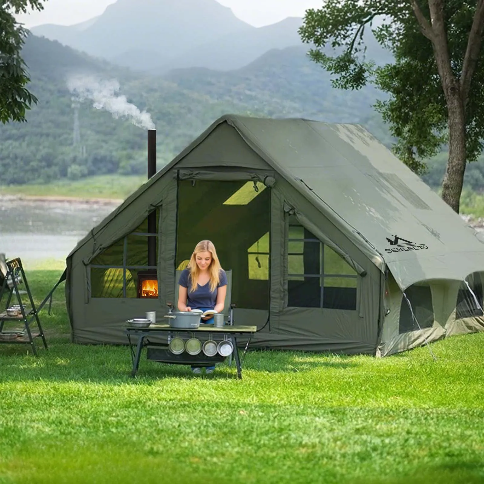 خيمة قابلة للنفخ باللون الأخضر العسكري مقاس 13 × 10 بوصة للتخييم، خيمة نفخ من قماش أكسفورد المقاوم للماء في 4 فصول مع فتحة مدخنة، فتحة تيار متردد