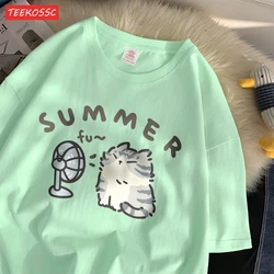 Fashion Cotton Women T-Shirts Creative Summer Blow Fan Cat Prints Short Sleeve O-Neck Loose Breathable Casual Female Clothes