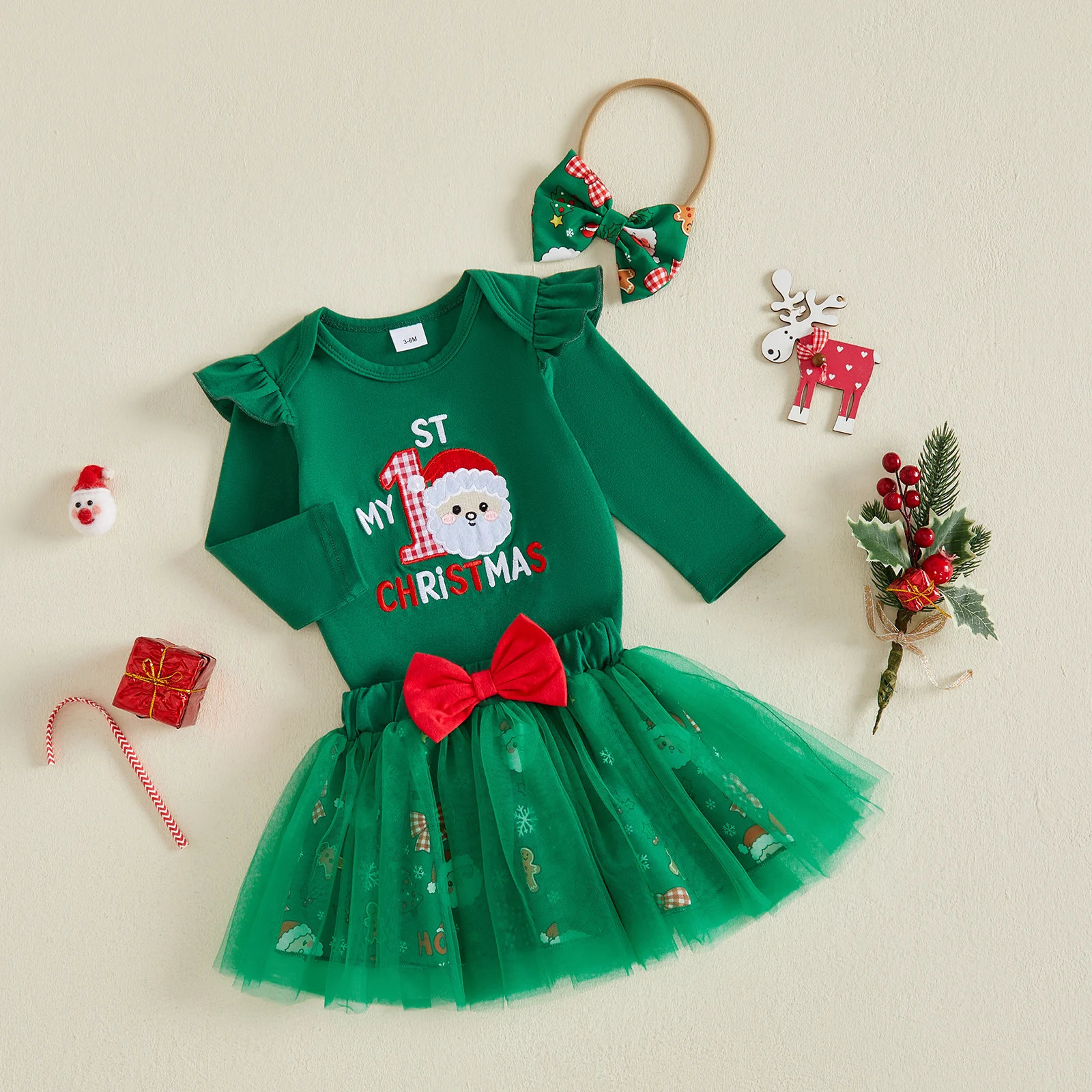 Newborn Baby Christmas Dress Set Long Sleeve Tulle Skirt Infant Xmas Party Outfit with Bow Headband Red Green