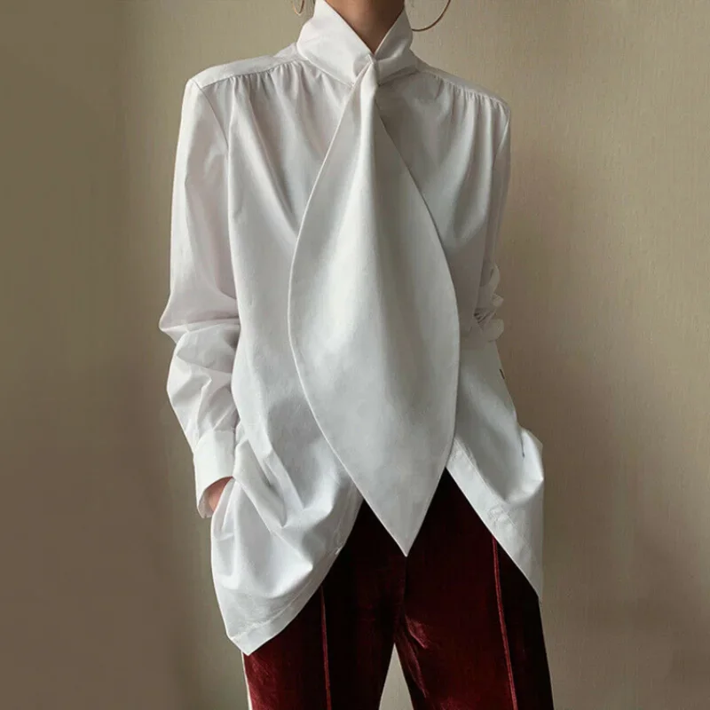 Shpmishal Women's White High Neck Blouse With Statement Tie 2026 Spring Summer Casual Loose Long Sleeve Asymmetric Hem Shirt