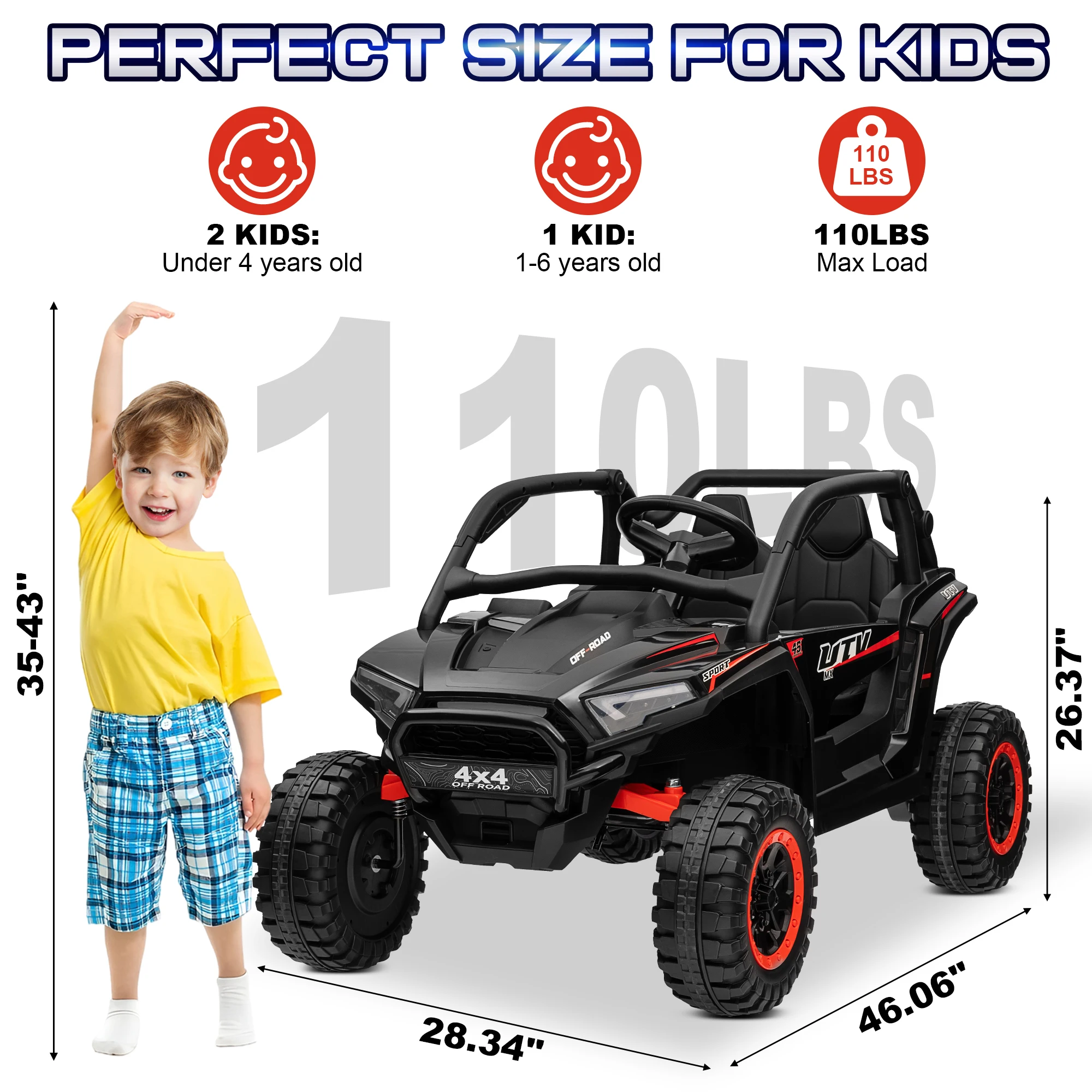 รถนั่ง 24V สําหรับเด็ก 2 ที่นั่ง ของเล่น UTV ออฟโรด 4x4 พร้อมรีโมทคอนโทรล 3 สปีด มอเตอร์ทรงพลัง 4WD ที่นั่งขนาดใหญ่ 18 นิ้ว
