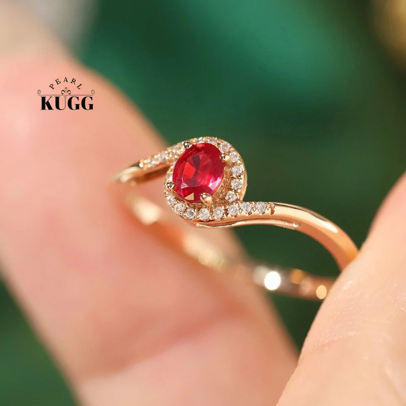 KUGG 100% 18K Yellow Gold Rings Fashion INS Style Shiny Diamond Natural Ruby Engagement Ring for Women High Wedding Jewelry