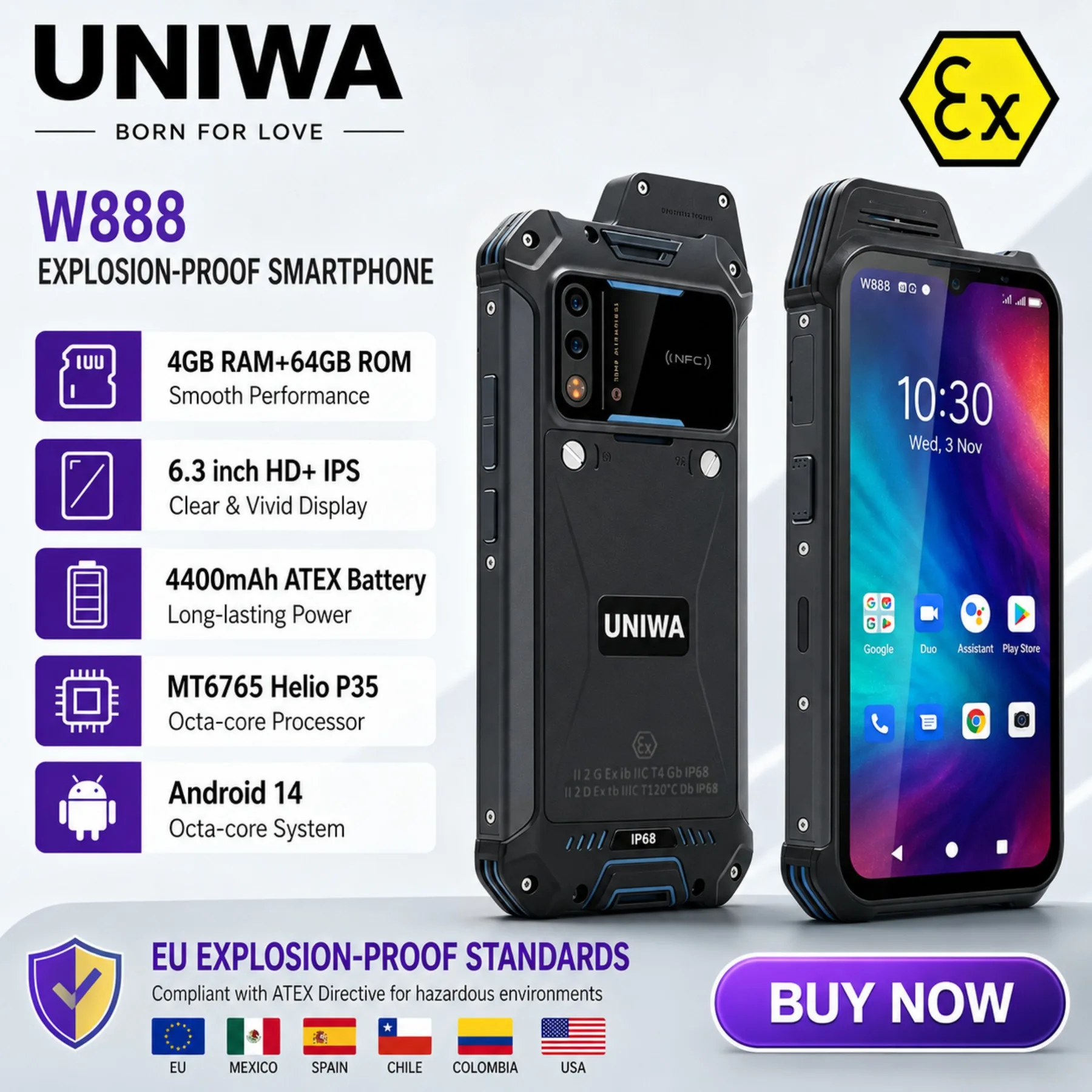 UNIWA W888 EU Testing ATEX Explosion Rugged 4G Smartphone 6.3 Inch HD IP68 24MP Andriod11 4GB+64GB Octa Core 4400mAh PTT   Phone
