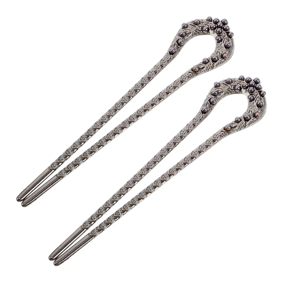 

2pcs Vintage U-Shape Simulation Pearl Fork For Buns Chinese Hairpin Wedding Traditional Sticks Alloy Pins U-Shaped Hairpins