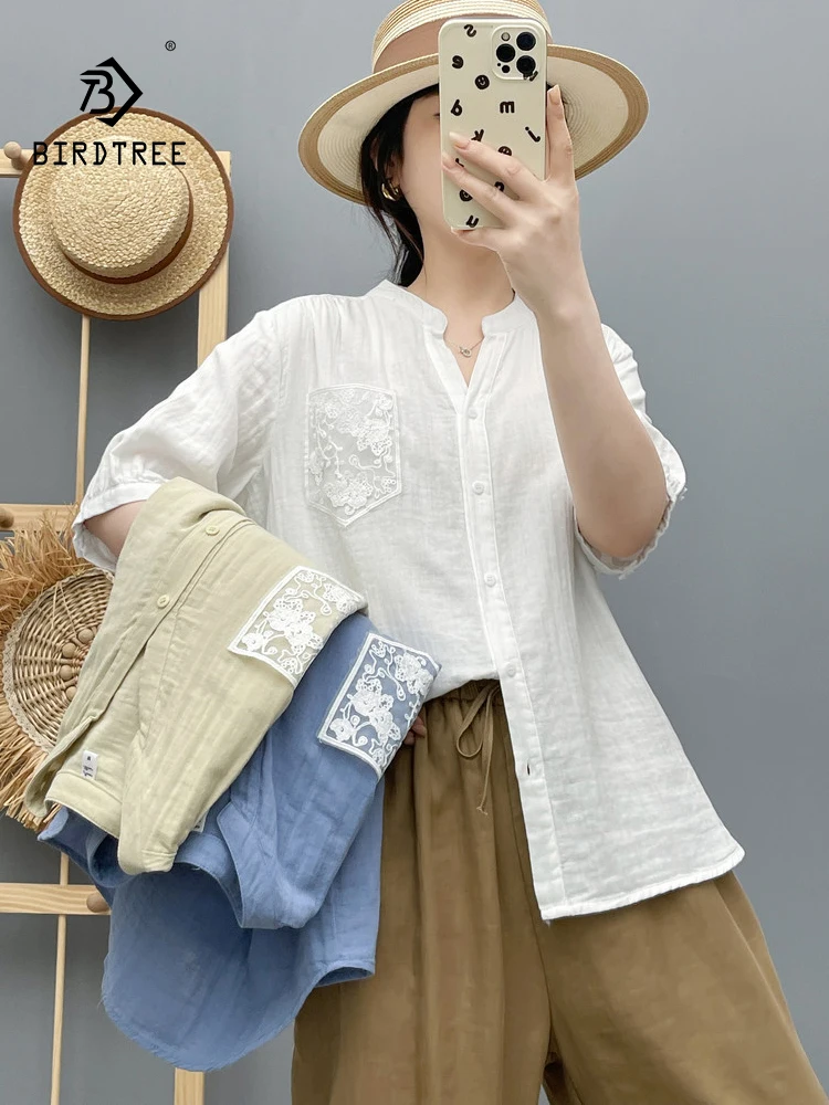 

New 2025 Summer Cotton Yarn Half Sleeve Shirt, Women V Neck Lace Pocket, Mori Girl French OL Comfortable Loose Blouse T56687CC
