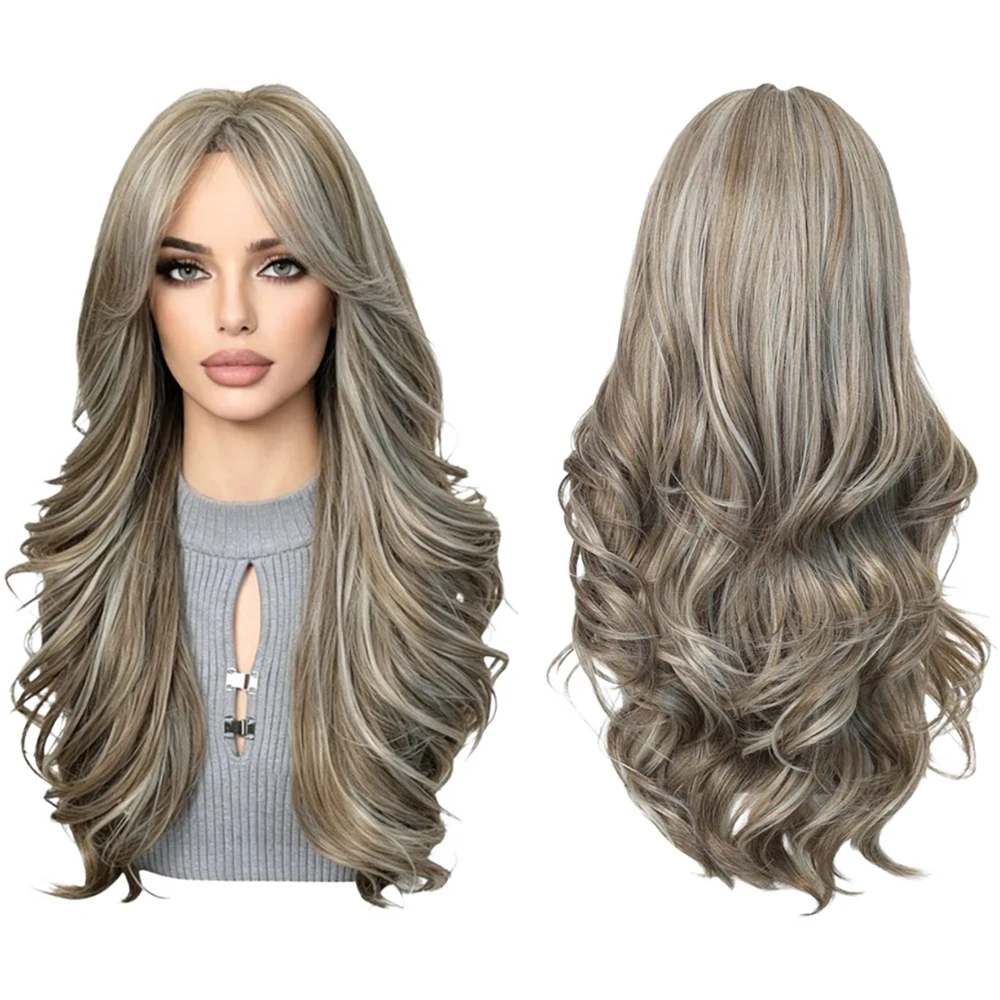 Ash Brown Highlight Body Wave Wig Middle Part Natural Layered Long Wavy Heat Resistant Synthetic Wigs For Women Daily Cosplay