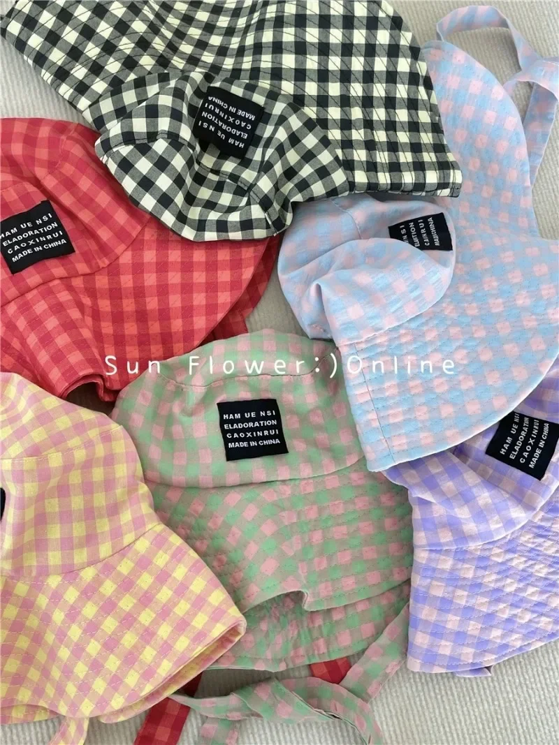Ins Blogger Retro Plaid Tie Strap Eimer Hut Frauen Sommer Reise Vielseitig Fischer Hut Mädchen Mode Beliebte Breite Krempe Sonne Kappe – Detail 12