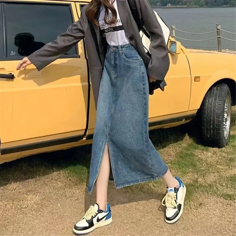 Brown Y2k Denim Skirt Women Streetwear Casual Split High Waist Straight Midi Jeans Skirt New Aesthetic Korean A Line Long Skirts