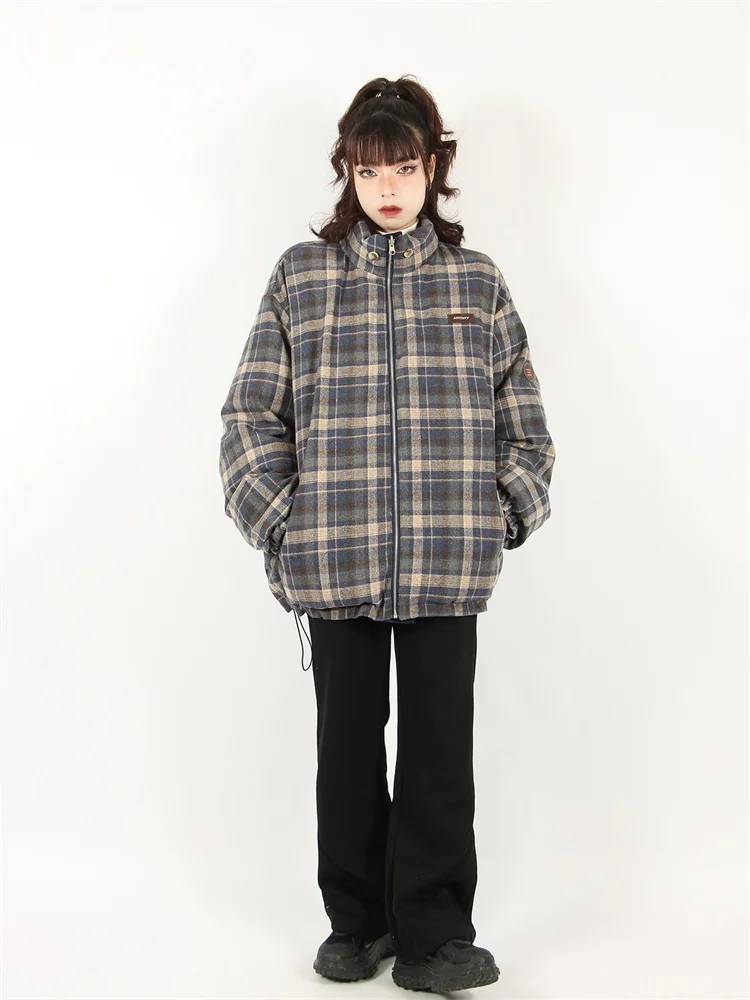 Women\'s Plaid Parka Jacket Overcoat Warm Long Sleeve Down Jackets Vintage Harajuku Korean Padded Jacket Winter 2000s 90s Clothes