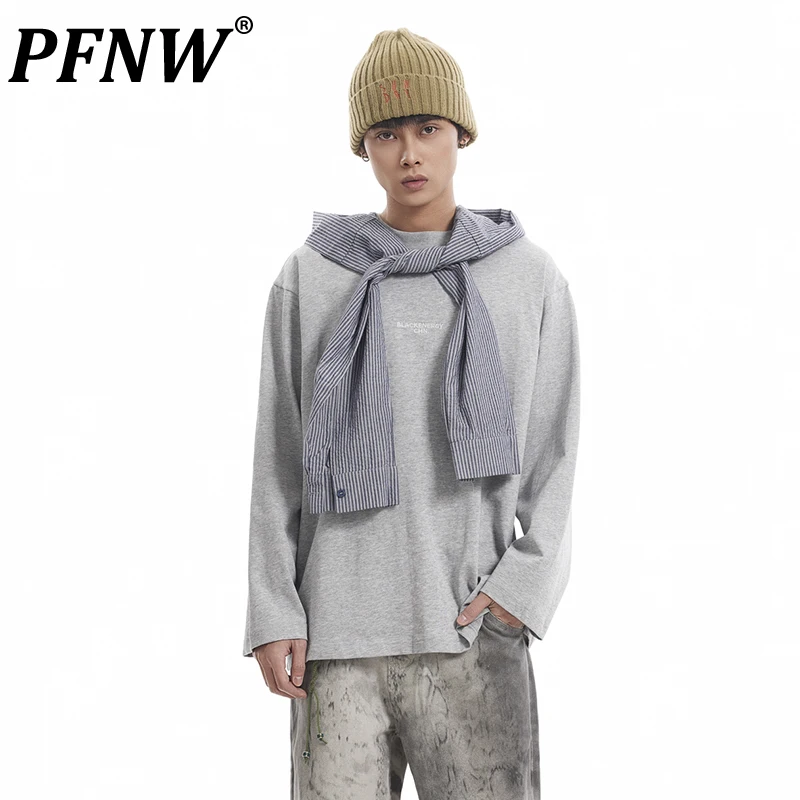 PFNW Menswear Niche Design Fake Two Piece Shawl Stripe Patchwork Long Sleeve Tee American Vintage Cleanfit Grey T-shirt CPG2658