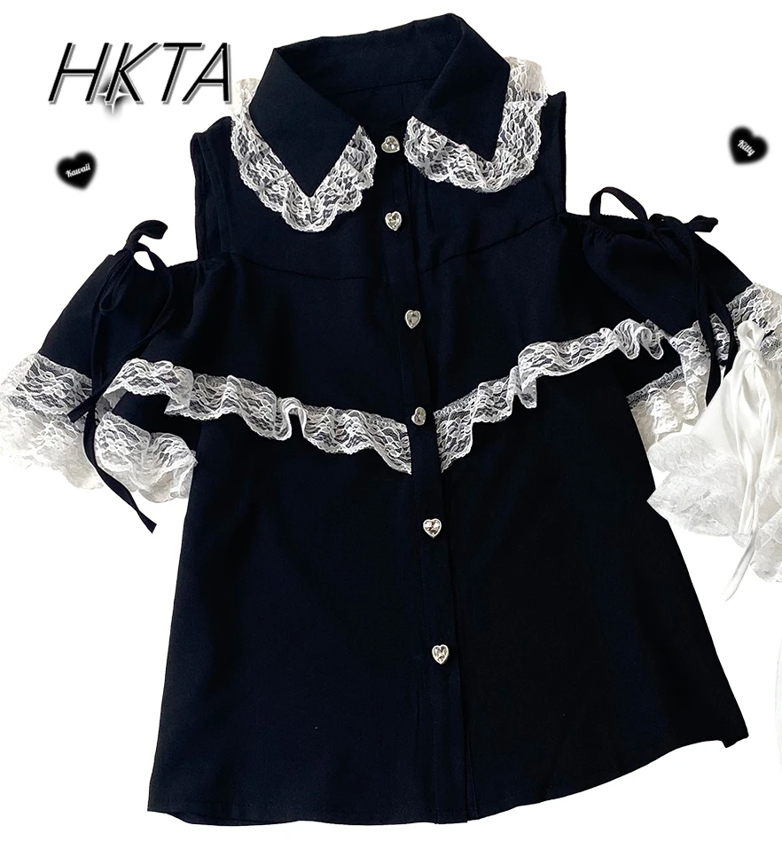 Lolita Shirts Women Blouse Love Rhinestone Ribbon Lace Off-the-Shoulder Mine White Shirt Girls Sweet Short Sleeve Blouse Summer