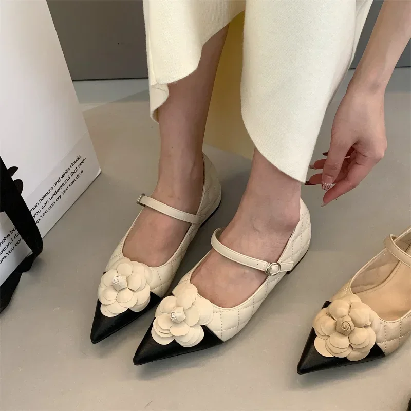 High Quality Thick Heeled Casual Shoes for Women  Korean Style Fashion Shallow Mouth Flower Women Shoes Zapatos De Mujer 2024