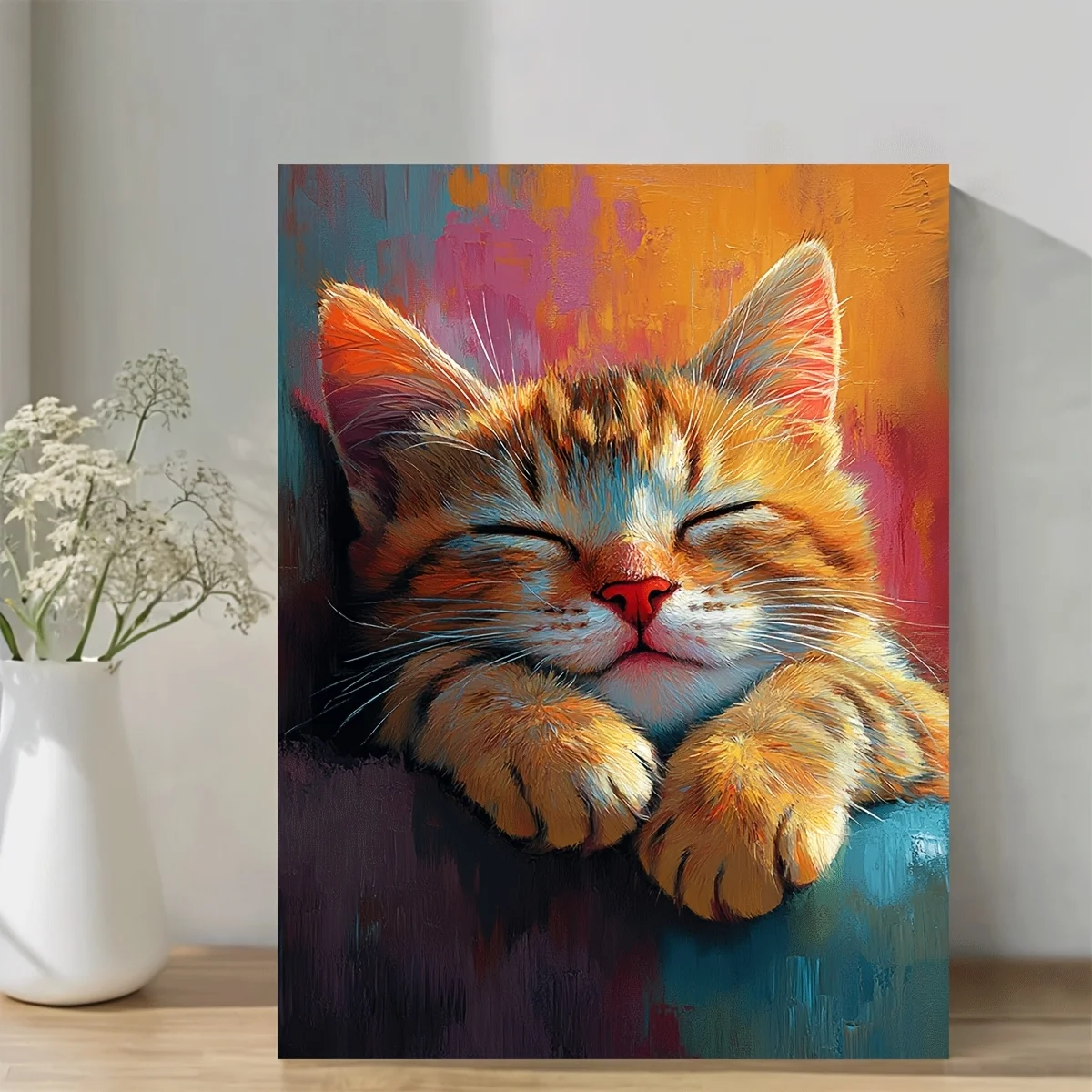 (No frame)2D Flat, 1pc Vibrant Orange Tabby Cat Canvas Art- 11.8 X 15.7 Inches, Wooden Frame, Closed Eyes Design, Detailed An