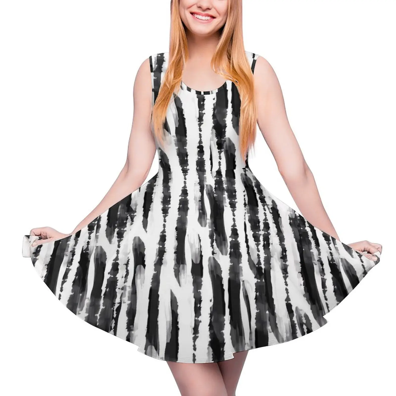 

White And Black Tie Dye Dress Abstract Print Casual Dresses Female Boho Skate Dress Summer Pattern Clothing Large Size