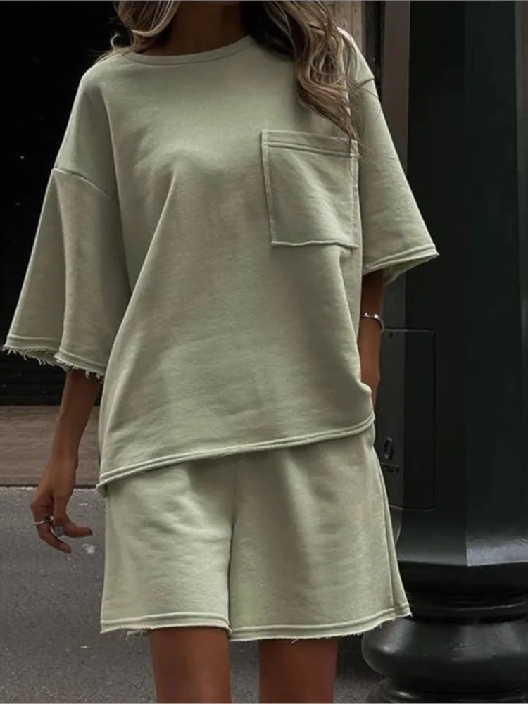 

Solid Color Short Sleeve Pocket T-Shirt Color Block Shorts Two Piece Set 2026 Casual Street Style Women's Suit Combination Set