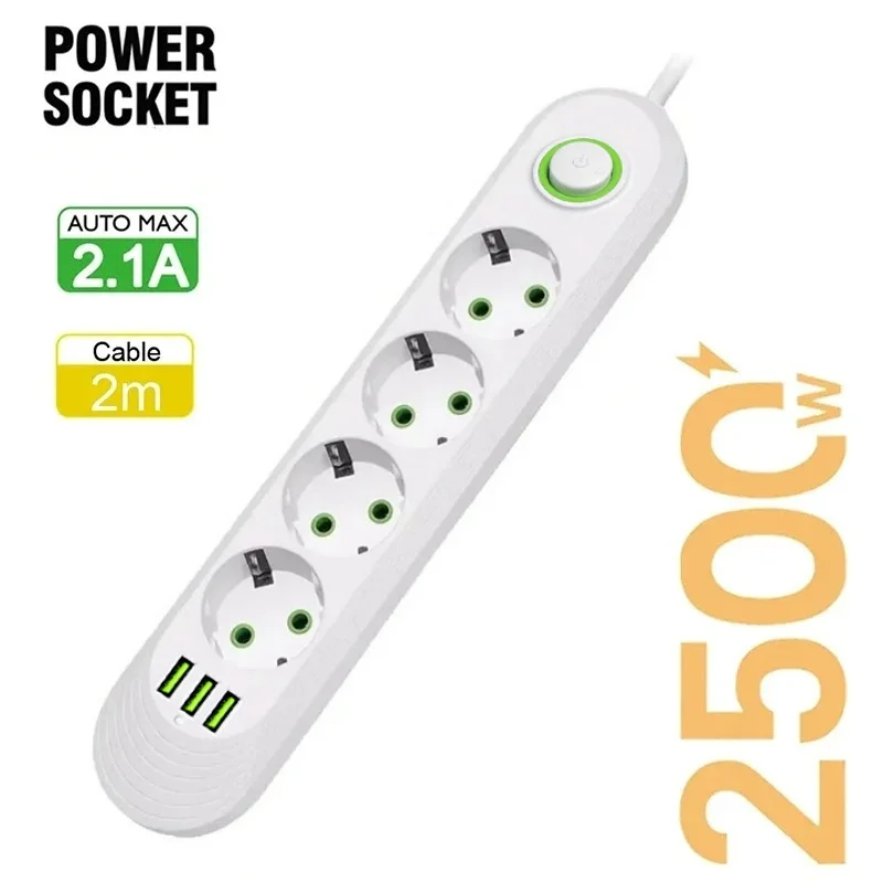 2M kabel EU-stekker stekkerdoos met 3 USB-aansluitingen Netwerkfilter Ronde pin AC-uitgangspoorten Verlengsnoer Elektrische oplaadadapter