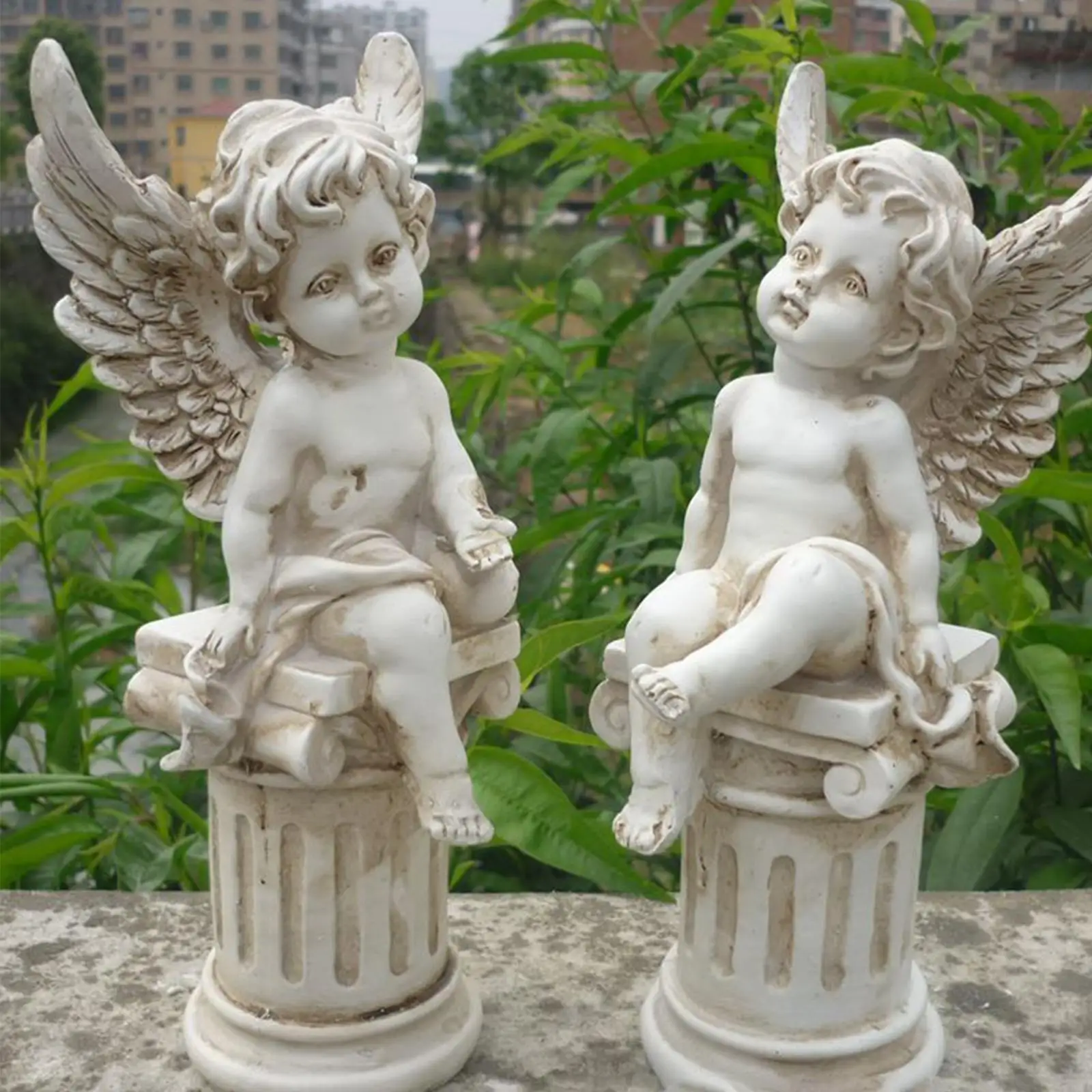 2 Pieces European Garden Figurines Greek Column Memorial Props Resin Cherub