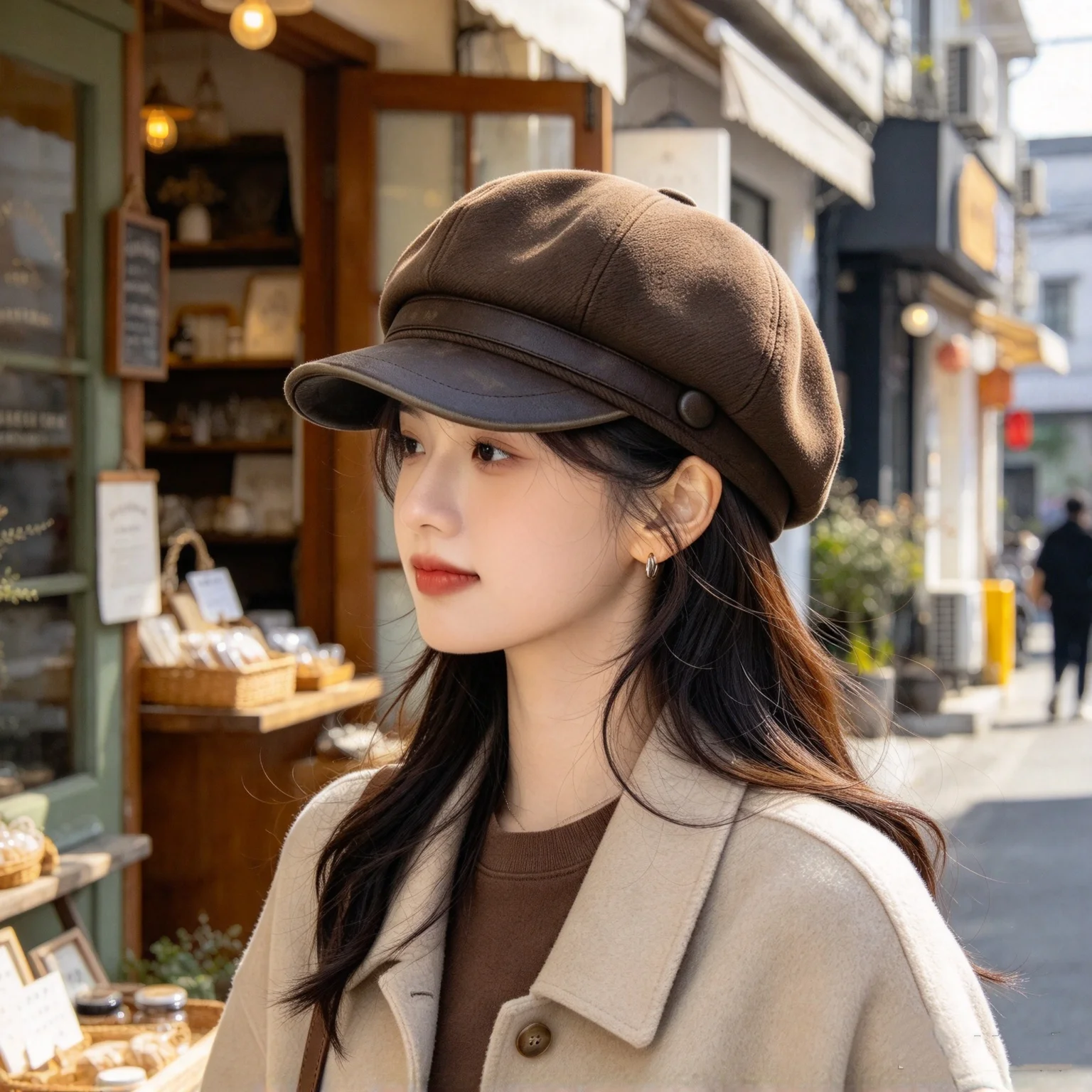 Winter Retro Beret with Leather Trim and Button Decoration, Women's Hat Made of Soft and Comfortable Cotton, Suitable for Daily Outings and Photography, British Style Newsboy Cap