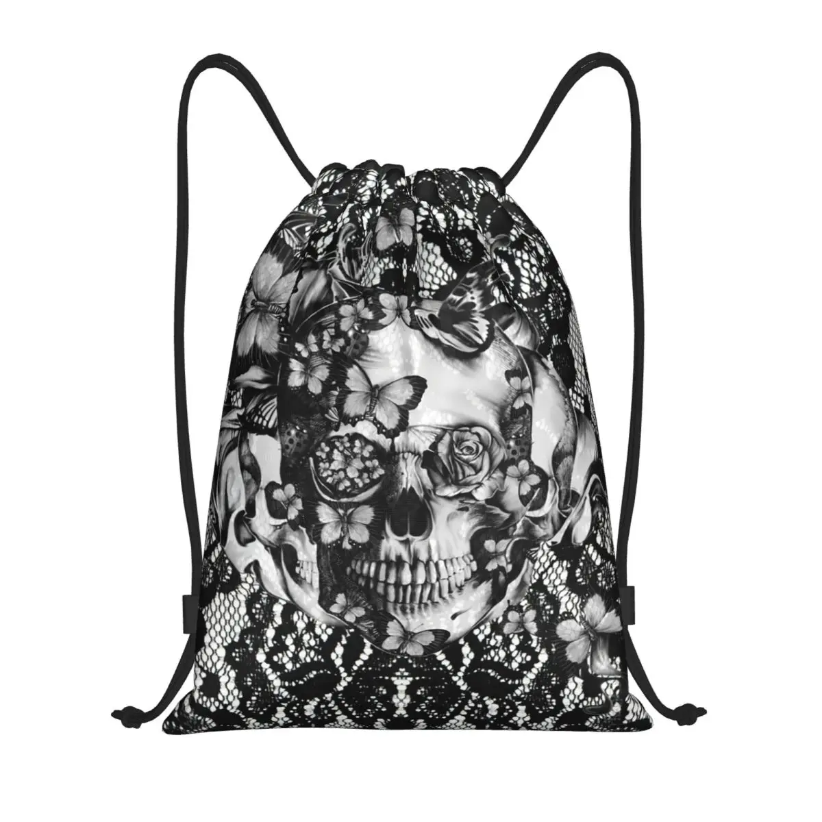

Кружева с бабочкой и черепом, сумка на шнурке для мужчин и женщин, складной спортивный рюкзак для спортзала, мексиканский день мертвых, рюкзаки для покупок