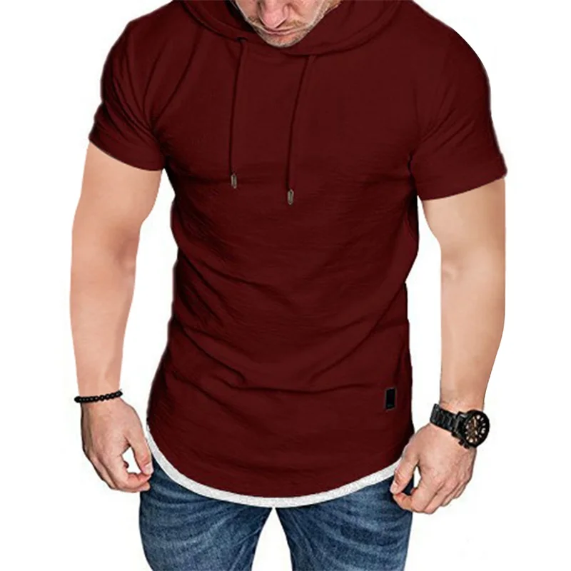 Louatui Men Summer Hoodies Short Sleeve T-Shirt Drawstring Hooded Muscle Fitness Tops Summer Sports Casual Shirts