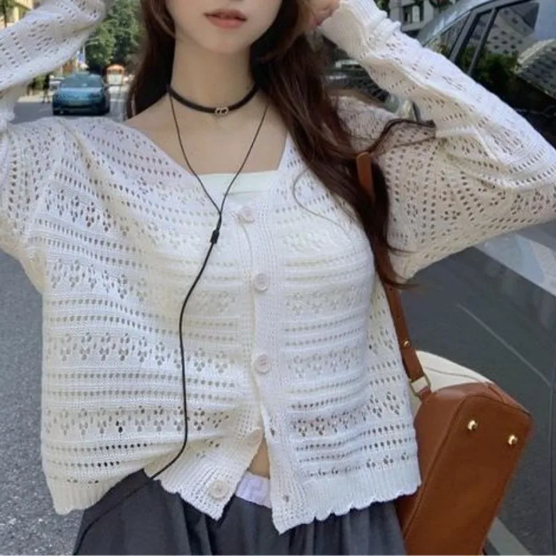 2024 Beige Cardigan Women Autumn Hollow Out Flower Knitted Cardigan Female Fashion Loose Fit Holiday V-neck Sweater Y2k Tops