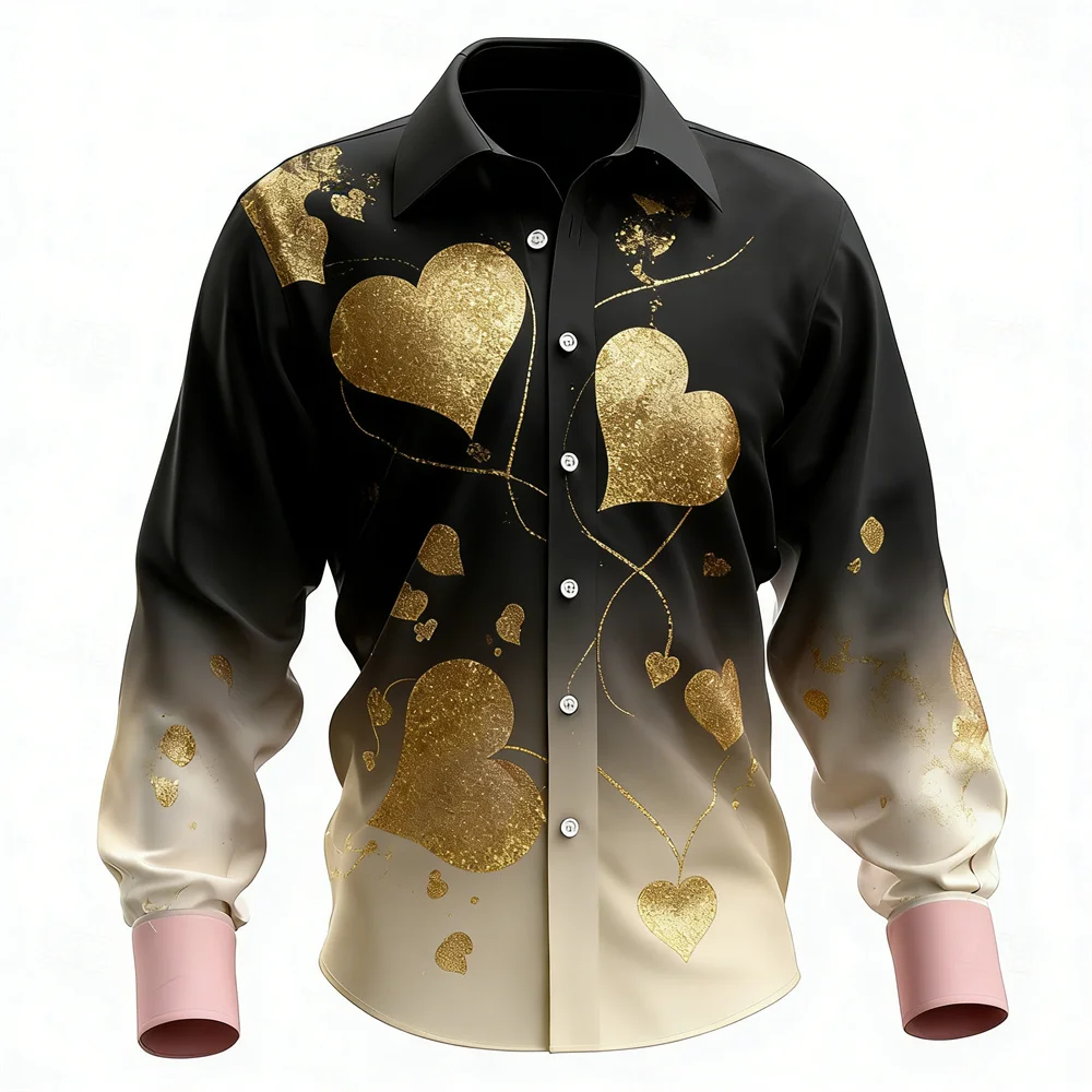 

Новая мужская рубашка с длинными рукавами из синего золота с 3D принтом в виде сердца, модный и повседневный дизайн, подходящий для топов