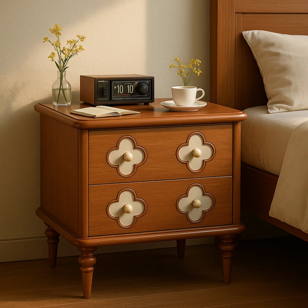 ‌French Vintage Wooden Bedside Cabinet Floral Carved Double Drawer Dresser with Eco-Friendly Paint Wide Surface Bedroom Storage