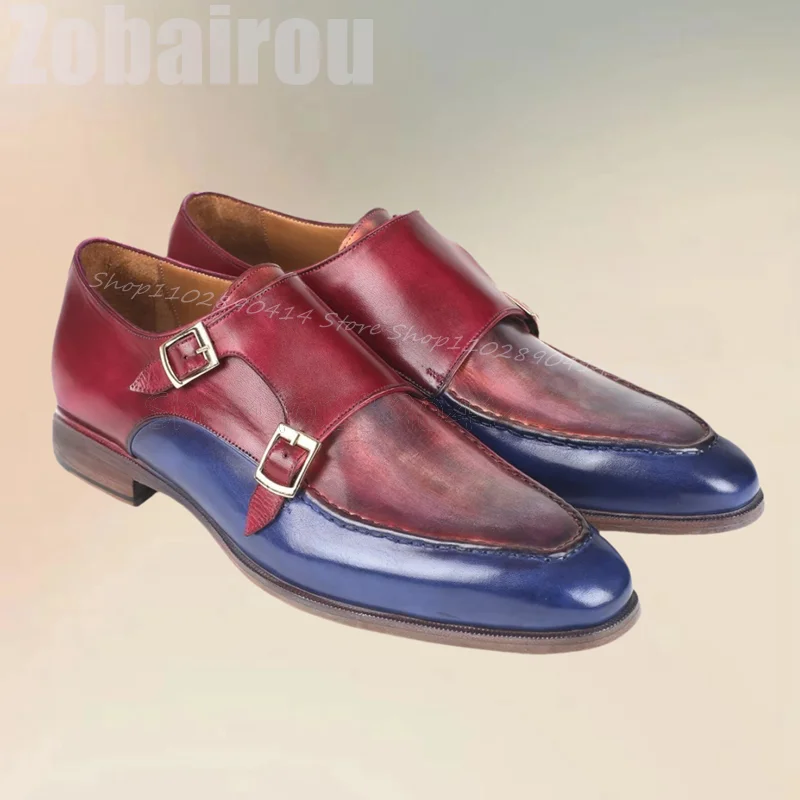 Rood Blauw Gradiënt Kleur Gesp Decor Naaien Ontwerp Loafers Mode Slip Op Mannen Schoenen Luxe Handgemaakte Feest Feest Heren Jurk Schoenen