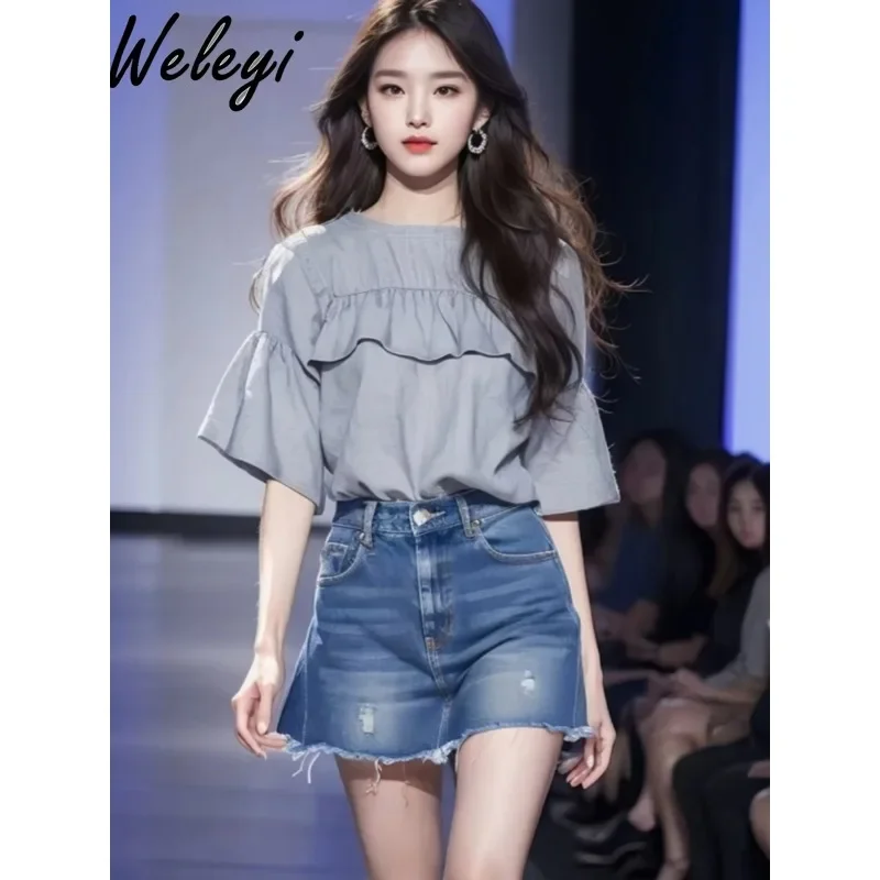 

Summer Elegant Ruffled Small Tshirt for Women Beautiful Tee Top Ladies 2024 New High-Grade Korean Woman Gray Short Sleeve Tshirt