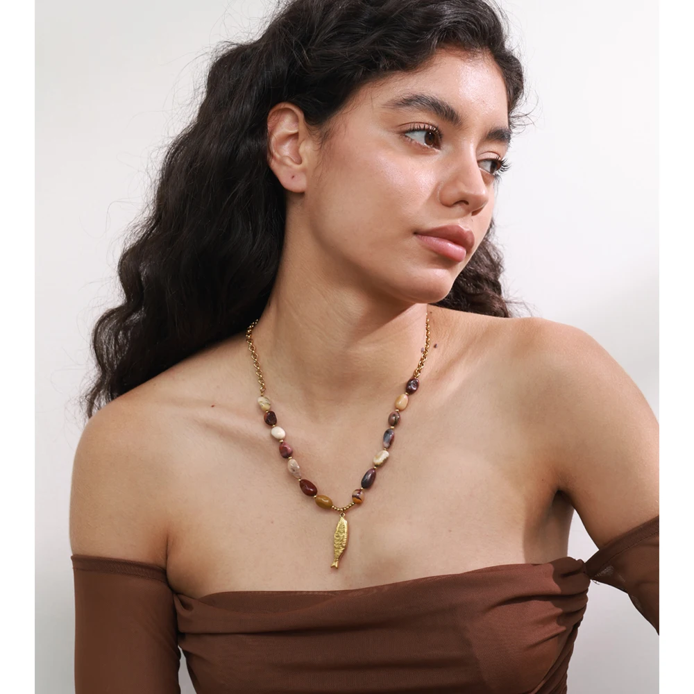 Natural Stone Beaded Fish Pendant Necklace - Stainless Steel Chain
