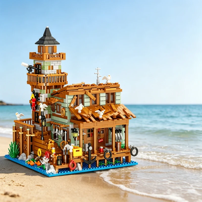 

1881PCS Fishing Village Cabin Building Blocks Seaport Wood House Assemble Micro Bricks Creative Gift Model Home Ornament