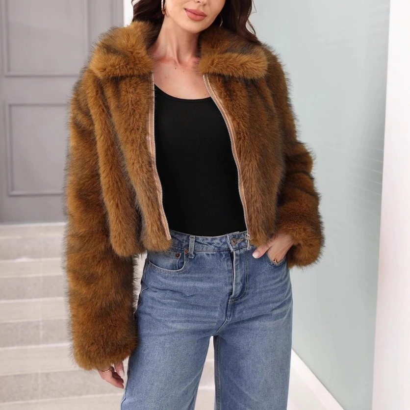 

Women Faux Fur Coats Short Coat Turn Down Collar Full Sleeve Zipper Thick Warm Y2k Streetwear Elegant Outerwear Autumn Winter