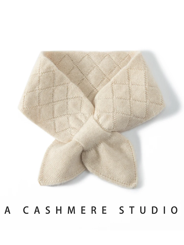 

100% Pure Cashmere Keyhole Scarf Diamond Lattice Knit Pull-Through Neck Warmer Luxury Knitted Large Bowknot Winter Collar Women
