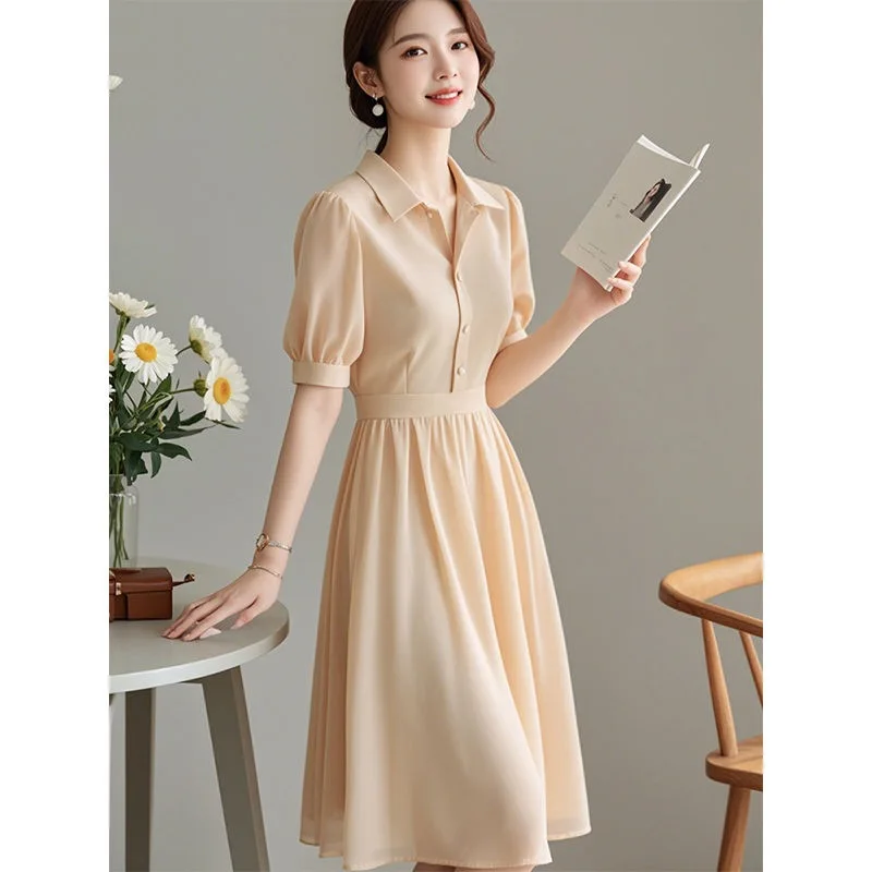 2025 vestido Formal de verano moda temperamento vestido camisero de gasa mujeres elegante Petite amarillo falda de lujo de cintura alta