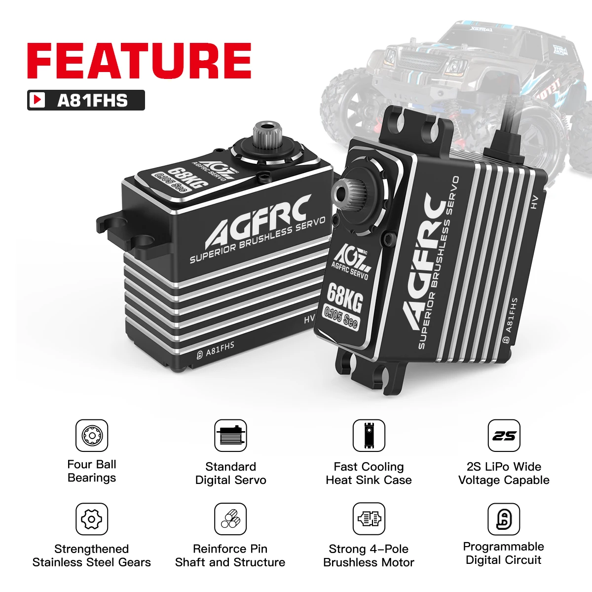 AGFRC Programmable Servo A81FHS 68KG Monster Torque Digital Brushless RC Servo for 1/5 1/8 1/10 Scale Rock Crawler Buggy Truck