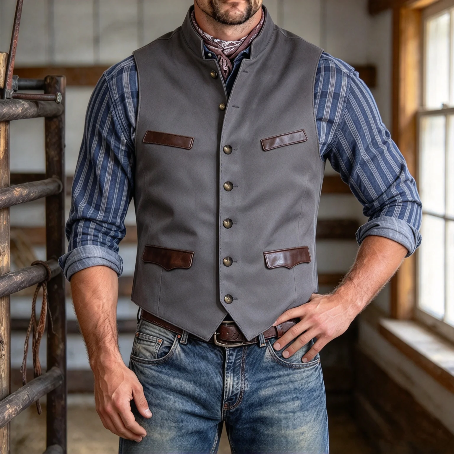 Men's Suede Vest Leather Pocket Vintage Slim-Fit Stand Collar Single Breasted Waistcoat Sleeveless Jacket  Weddings Proms Dinner