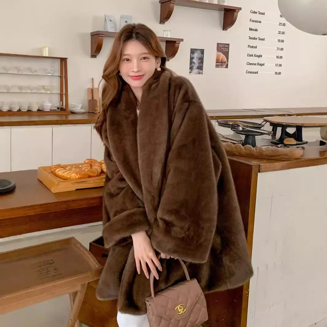 2026 Autumn Winter Women Faux Mink Fur Coat Shawl Collar Padded Lining Drawstring Waist Long Jacket Cream