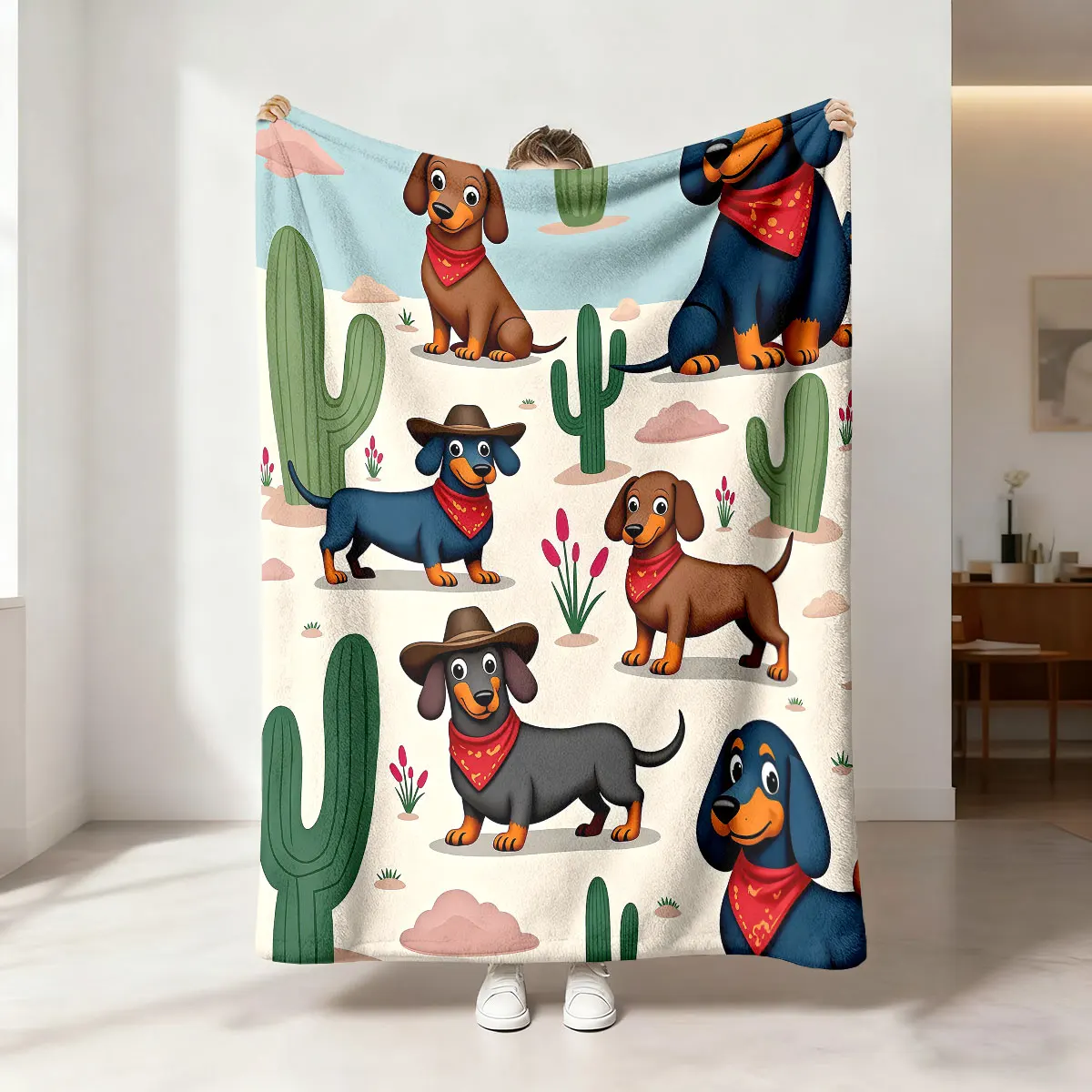1pc Cartoon Sausage Dog Animal Printed Flannel Blanket In Various Sizes, Soft And Casual Nap Blanket, Machine Washable