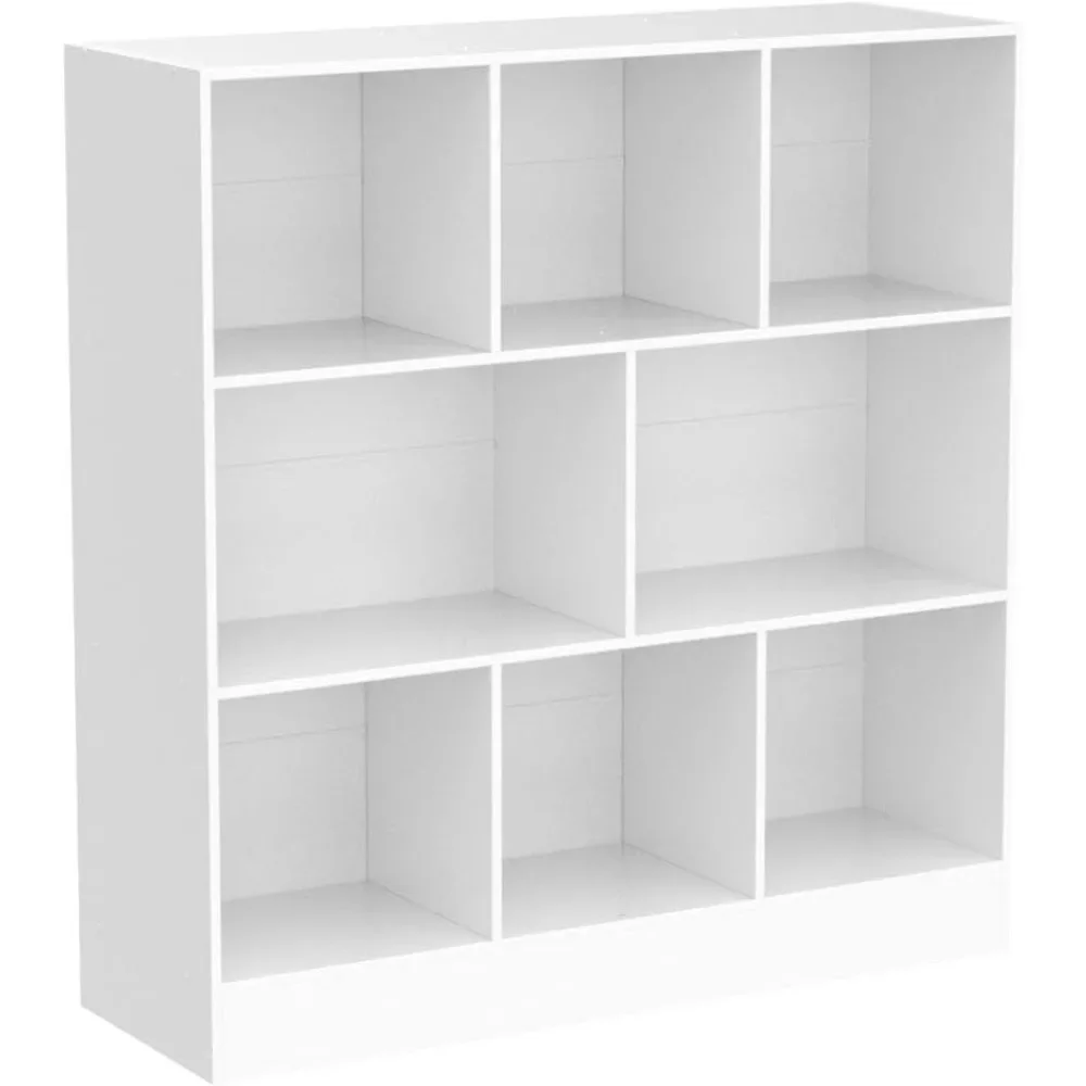 White 3 Tier Bookshelf Wide Modern Horizontal Bookcase Wood Low Book Shelf Wide Display Storage Cabinet with Base