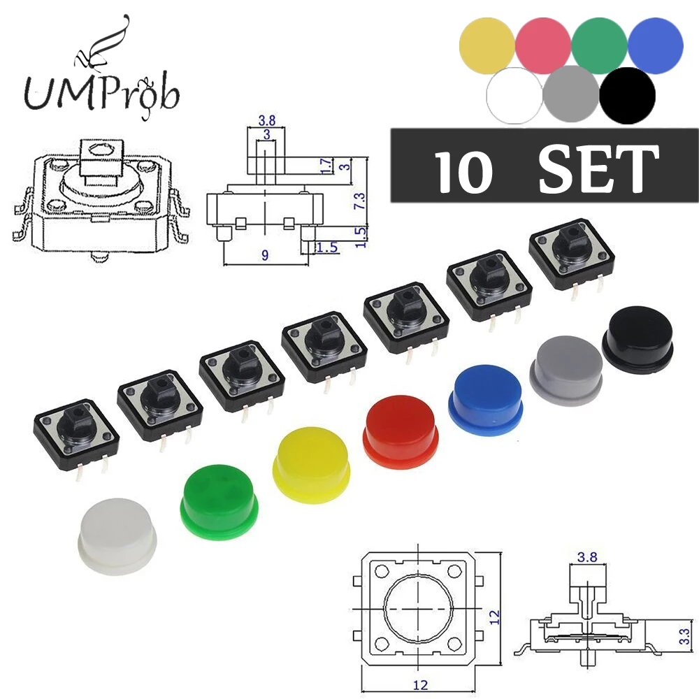 10Set/Lot Round Tactile Push Button Caps Kits Red Blue Green Yellow White Black Blue Gray for 12*12*7.3mm Micro Tact Switch