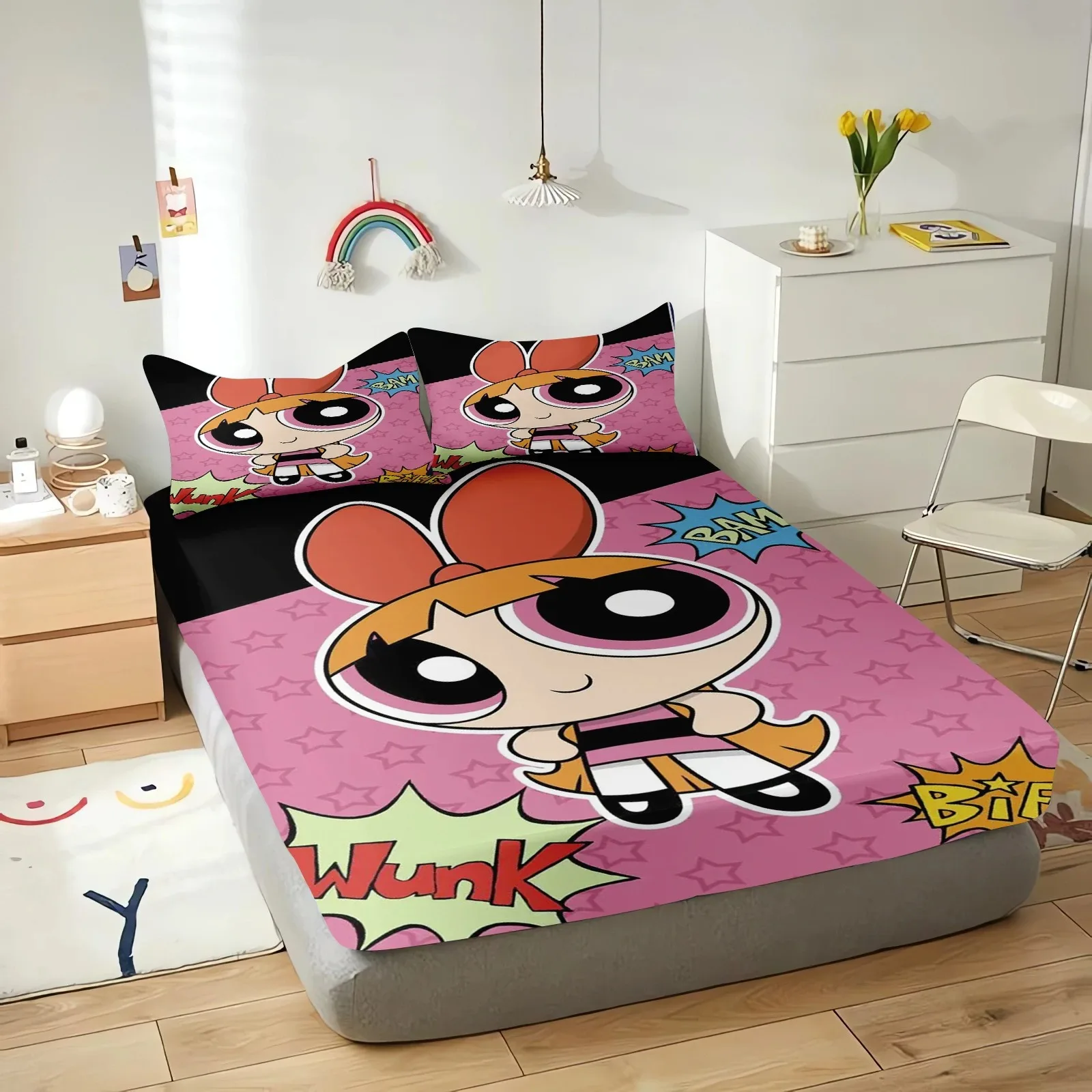 The Powerpuff Girls Bed Linen,Single/Queen/King Fitted Bed Sheet  Anime Fitted Sheet,with Elastic Band Bedroom Decor Gift