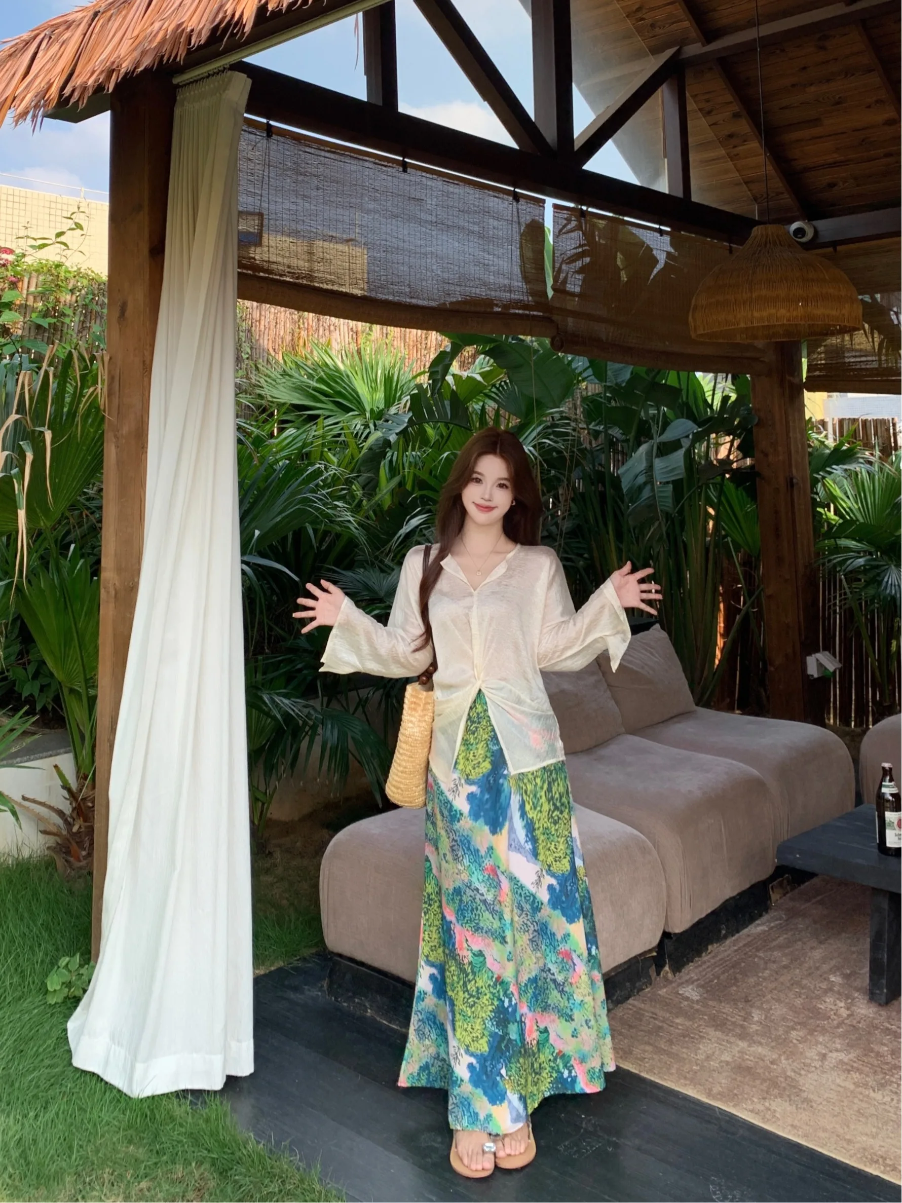 

Summer Fashion plus Size Women's Cross Printed Acetate Top And Long Skirt Set Straight Cut Korean Style Office Wear Thin