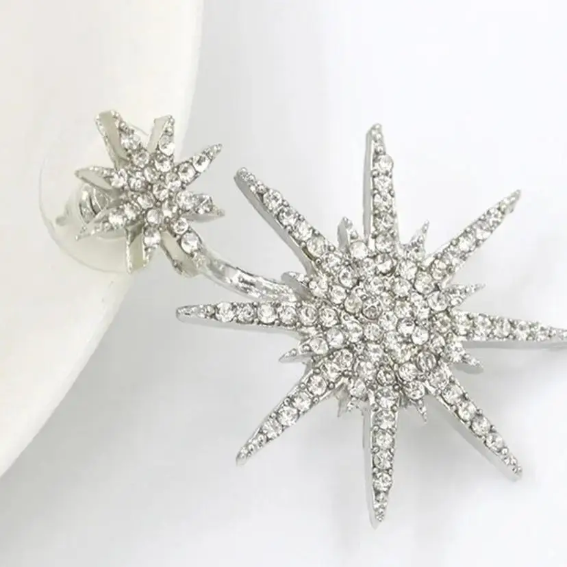 Korean Version Pointed Star Studded Diamond Earrings for Women's Minimalist Snowflake Back Hanging Starry Single Split Earrings