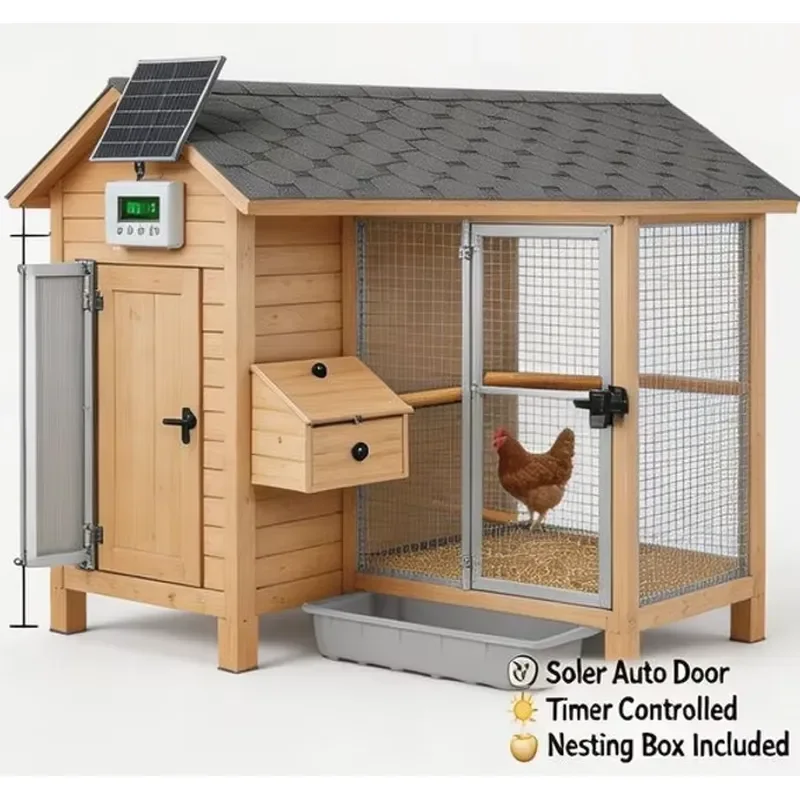 Solar Powered Automatic Chicken Coop Wooden Poultry House with Timer Door Outdoor Hen House Printed Design Activity Run Area
