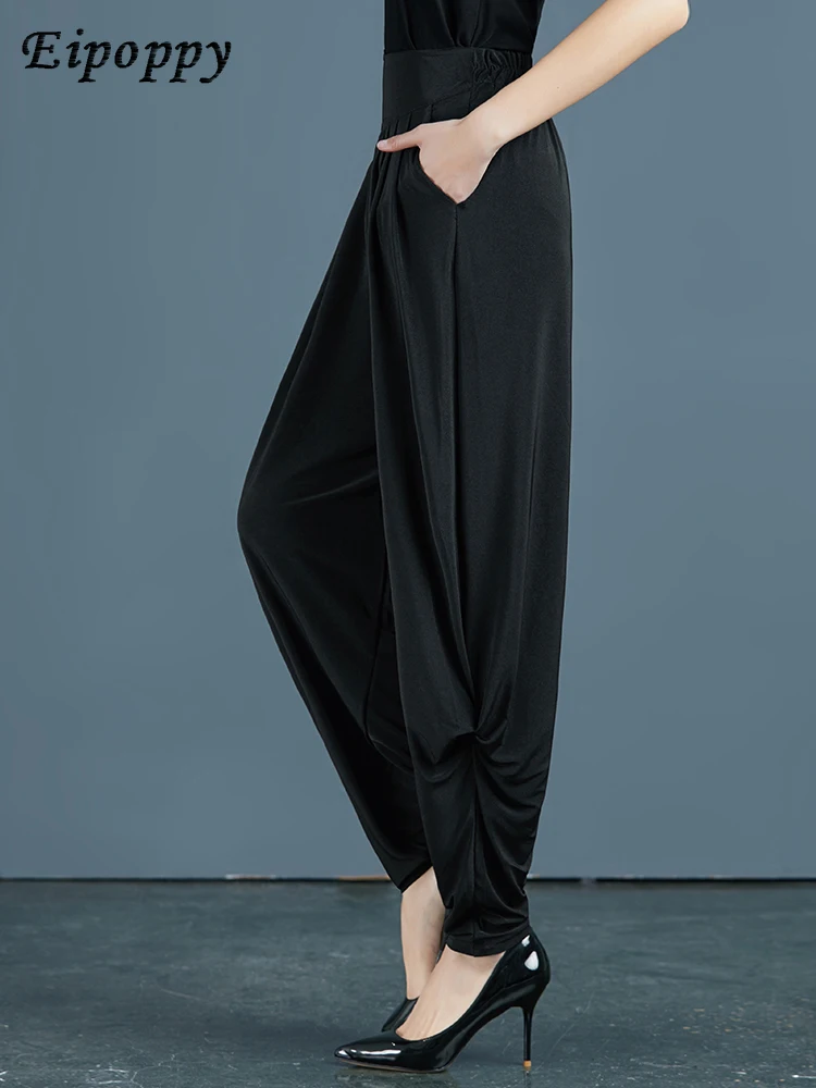 بنطال نسائي فضفاض بخصر مرن ، بنطلون مضاد للتجاعيد ، فضفاض ، تنحيف ، أحادي اللون ، بنطلون حريم ، الصيف