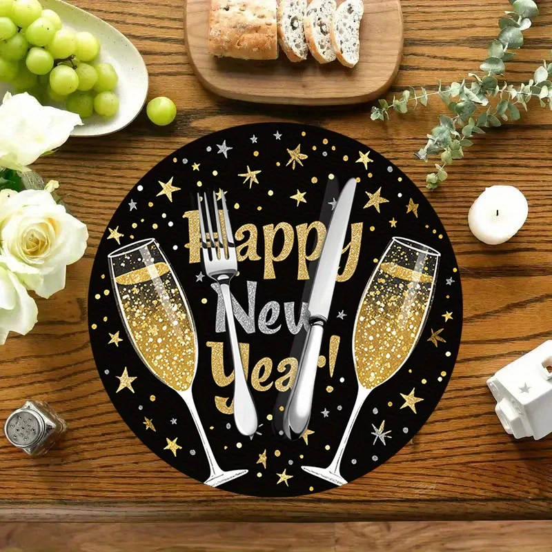 VIKAMA 4/6/8/10-Piece Christmas Placemats Cheers Black & Gold New Year Table Mats Kitchen Coasters Coffee Coasters Home Decor