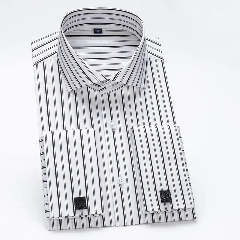 Luxury 2024 New Men‘s Long Sleeve Striped French Cuff Dress Shirts Modal Formal Social Fashion Wedding Business Tuxedo Shirt