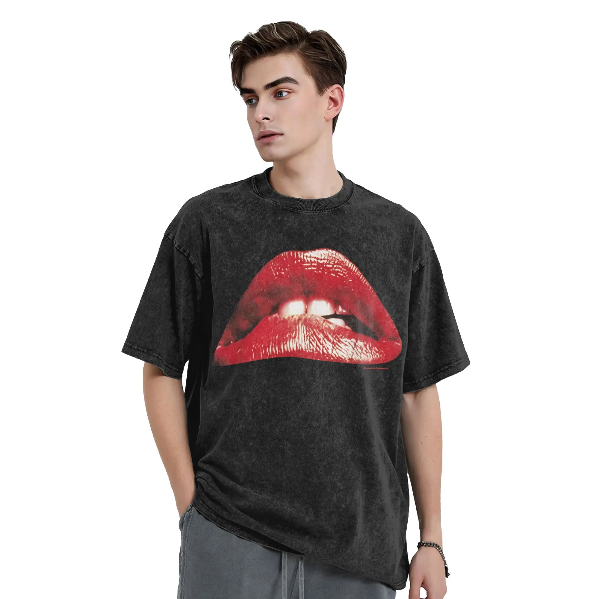 Novelty Red Lips T-Shirt for Men O Neck Pure Cotton Washed T Shirts Horror Picture Short Sleeve Tee Shirt Classic Tops