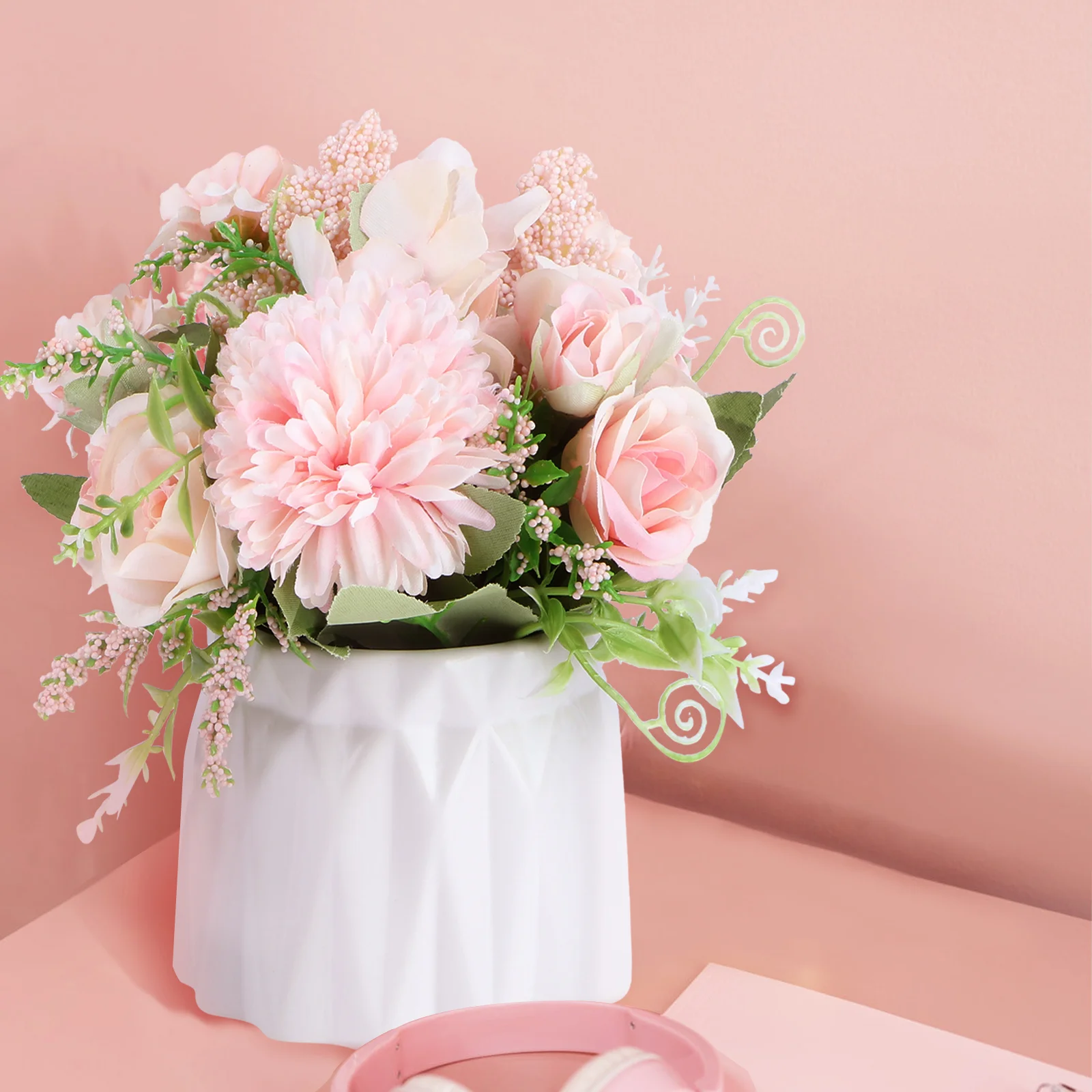 

1 Set Artificial Rose Bonsai With Vase Simulated Flower Home Decoration Pink Lifelike Long-Lasting Household Furnishing Flower